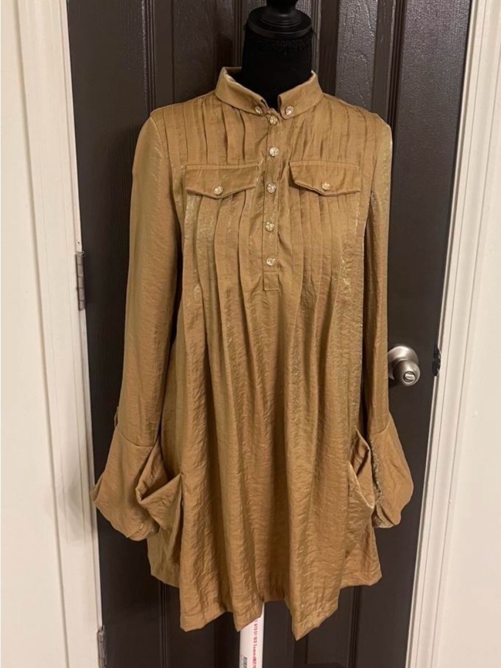 Long-Sleeve Tunic Dress in Camel with Pintuck Front